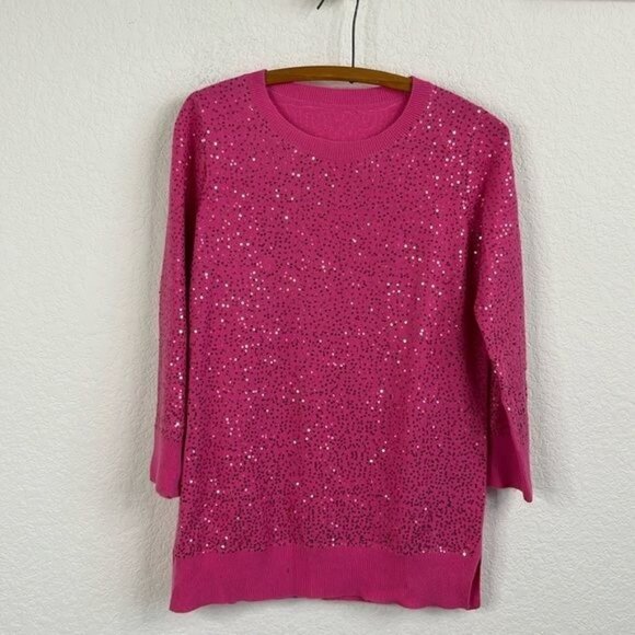 Neiman Marcus Cashmere Sequin Cropped Sleeve Crew Neck Sweater - Picture 1 of 7